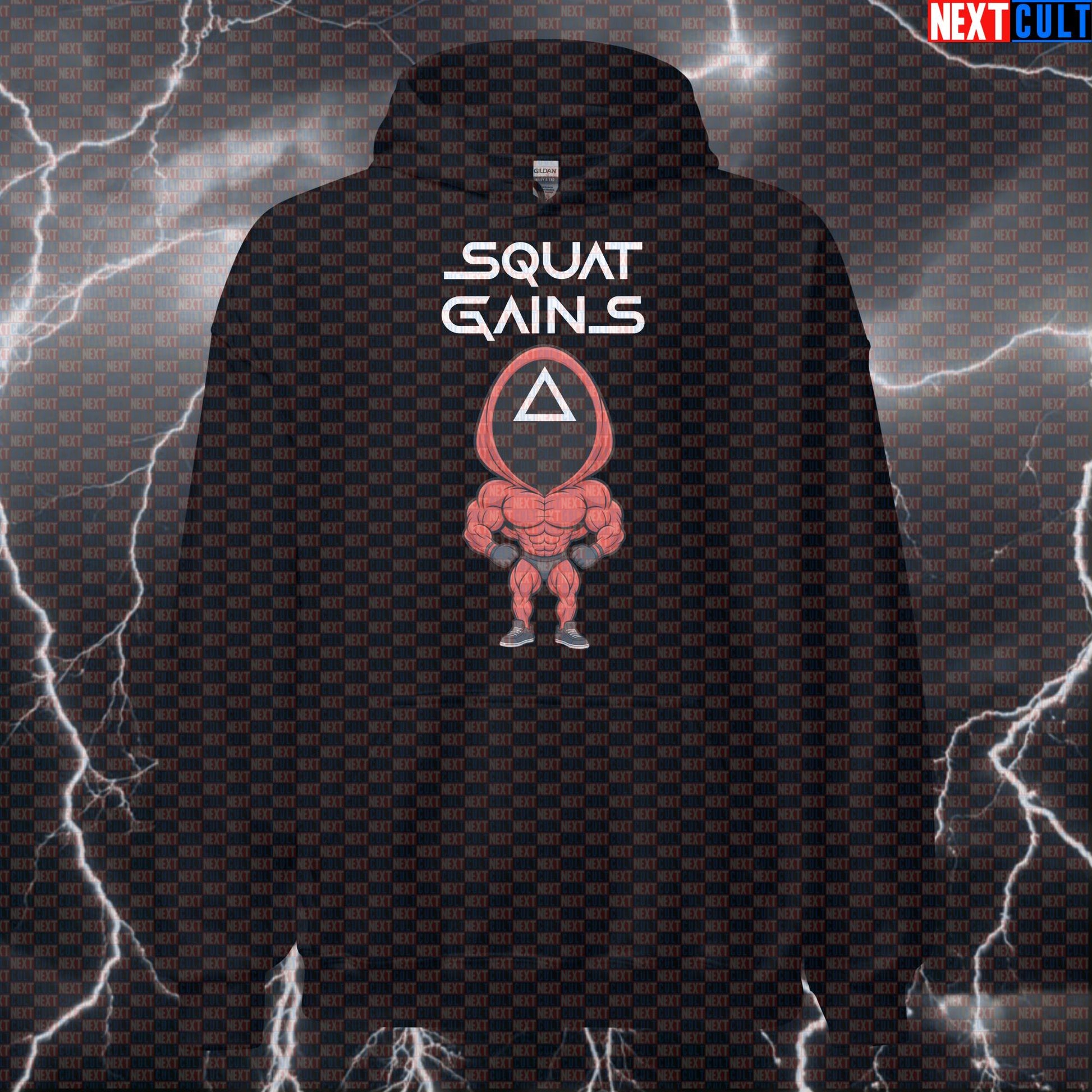 Squat Game Gym Hoodie | Funny Squid Game Parody Workout Hoodie For Leg Day | Squat Gains Jumper Bodybuilding Fitness Gym Leg Day Powerlifting Pump Cover TV Workout Next Cult Brand