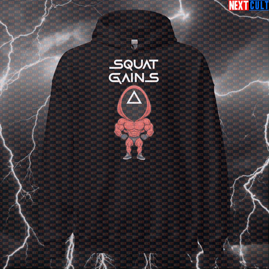 Squat Game Gym Hoodie | Funny Squid Game Parody Workout Hoodie For Leg Day | Squat Gains Jumper Bodybuilding Fitness Gym Leg Day Powerlifting Pump Cover TV Workout Next Cult Brand