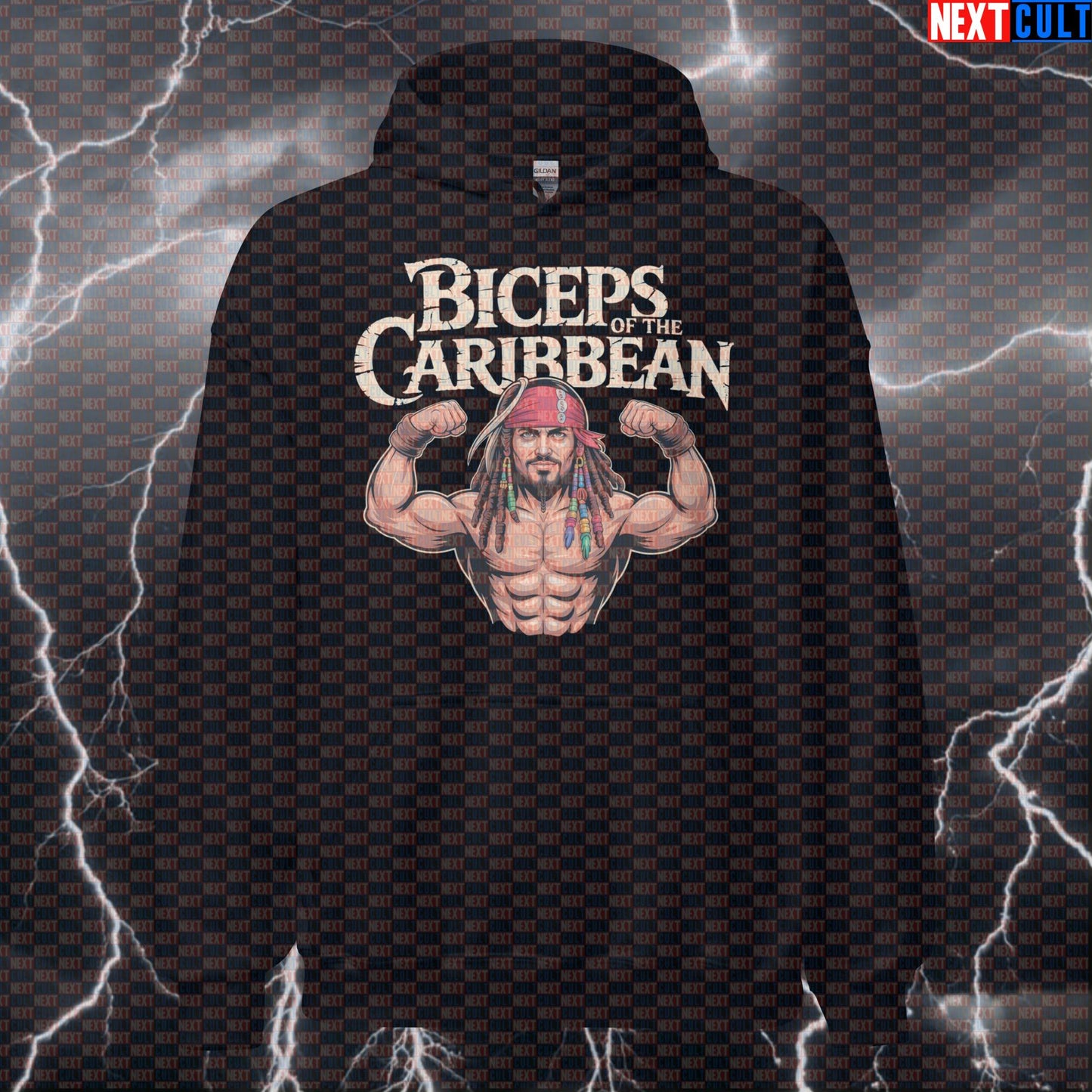 Funny Biceps of the Caribbean Gym Hoodie | Pirate Sleeves Workout Hoodie | Pirate Gains Pullover Bodybuilding Films Fitness Gym Pirates of the Caribbean Pump Cover Workout Next Cult Brand