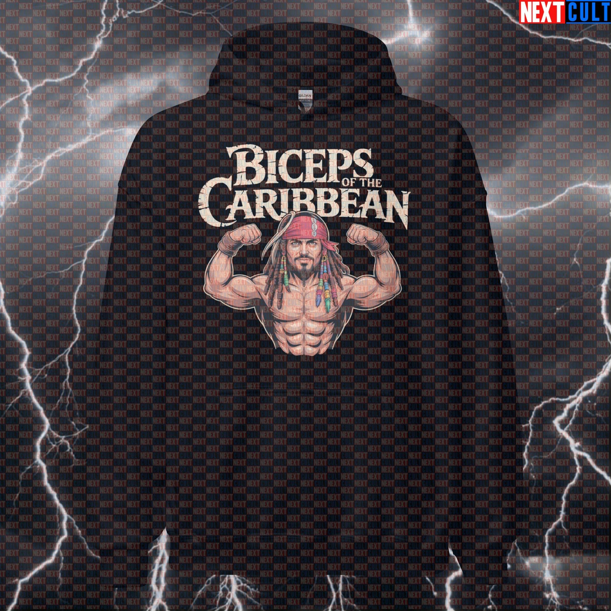 Funny Biceps of the Caribbean Gym Hoodie | Pirate Sleeves Workout Hoodie | Pirate Gains Pullover Bodybuilding Films Fitness Gym Pirates of the Caribbean Pump Cover Workout Next Cult Brand