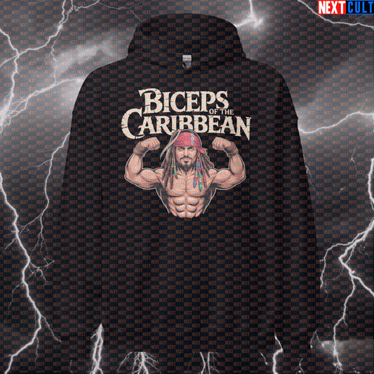 Funny Biceps of the Caribbean Gym Hoodie | Pirate Sleeves Workout Hoodie | Pirate Gains Pullover Bodybuilding Films Fitness Gym Pirates of the Caribbean Pump Cover Workout Next Cult Brand