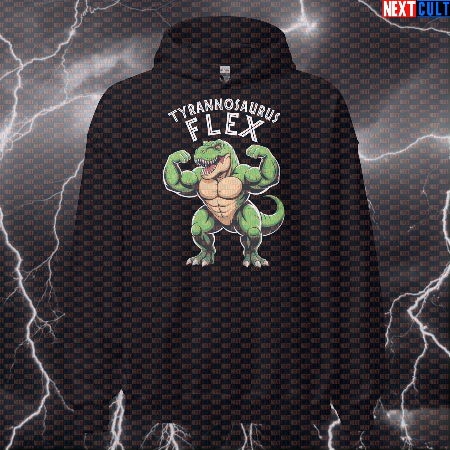 Funny Tyrannosaurus Flex Gym Hoodie | T-Rex Dinosaur Workout Hoodie | Prehistoric Gains Pullover Bodybuilding Films Fitness Gym Pump Cover Workout Next Cult Brand
