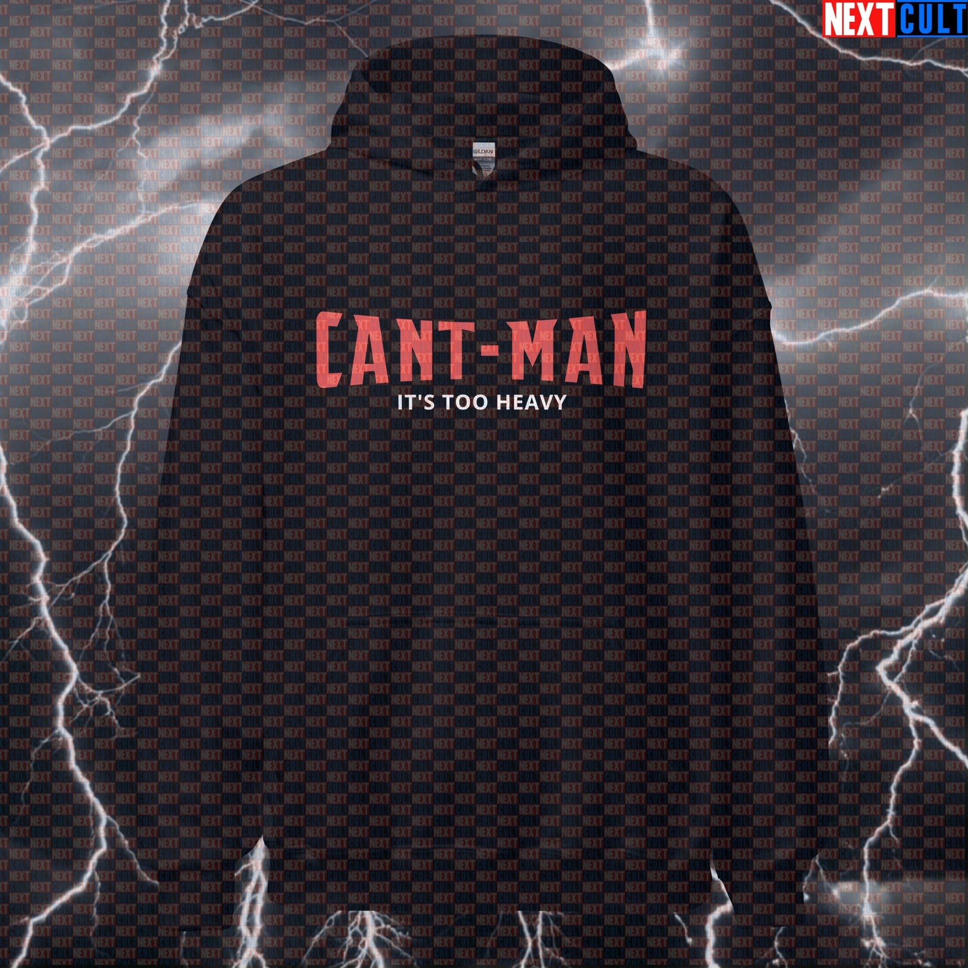 Can’t-Man “It’s Too Heavy” Funny Gym Hoodie – Heavy Lift Meme Hooded Sweatshirt Pullover for Gym & Street Ant-Man Avengers Bodybuilding Films Fitness Gym Powerlifting Pump Cover Superheroes Workout Next Cult Brand