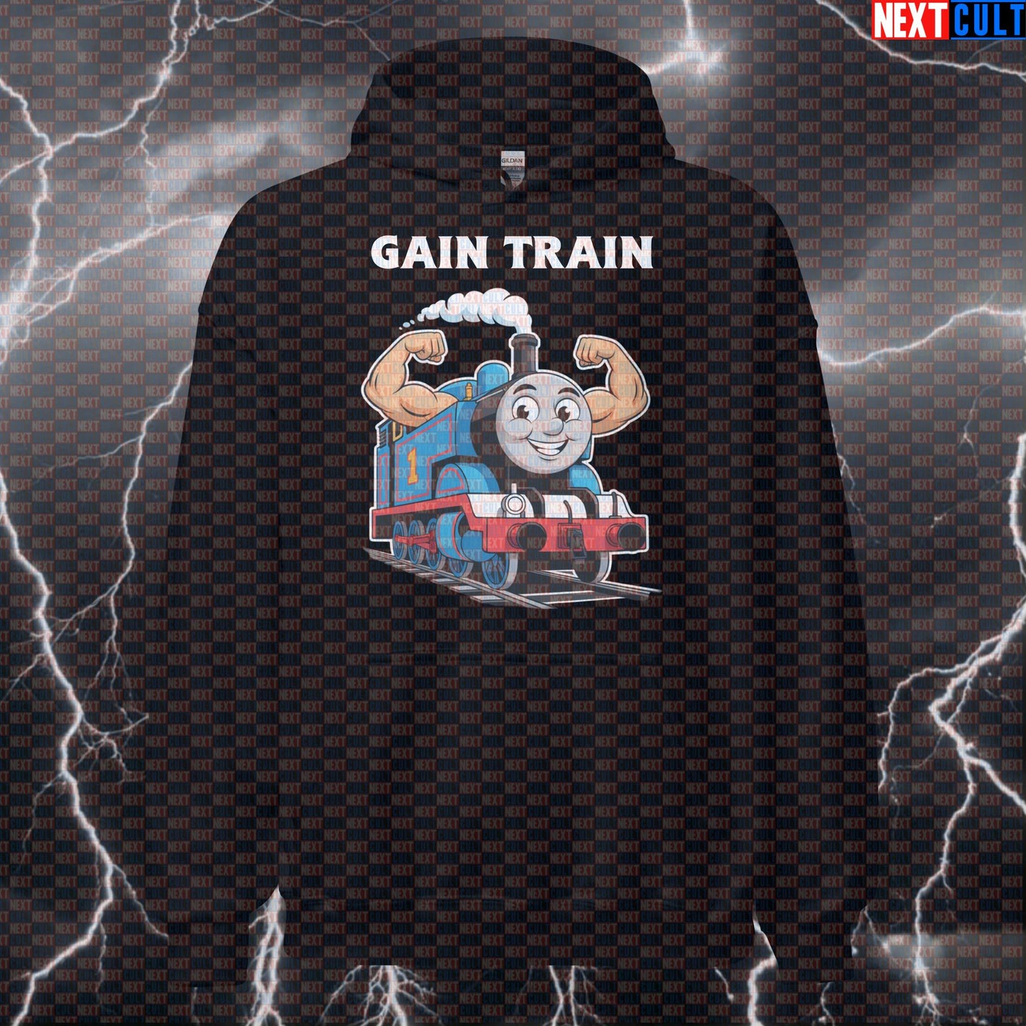Gain Train Gym Hoodie | Funny Thomas The Tank Engine Meme Workout Hoodie | Gym Bro Pullover Bodybuilding Fitness Gym Pump Cover TV Workout Next Cult Brand