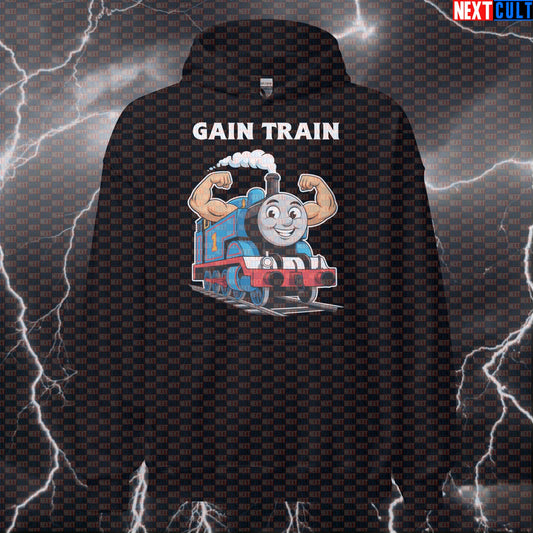 Gain Train Gym Hoodie | Funny Thomas The Tank Engine Meme Workout Hoodie | Gym Bro Pullover Bodybuilding Fitness Gym Pump Cover TV Workout Next Cult Brand