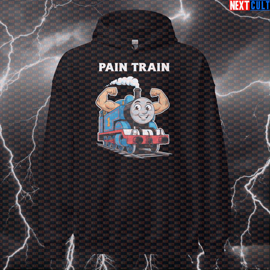 Pain Train Gains Gym Hoodie | Thomas The Tank Engine Meme Workout Hoodie | Funny Pump Cover Pullover Bodybuilding Fitness Gym Pump Cover TV Workout Next Cult Brand