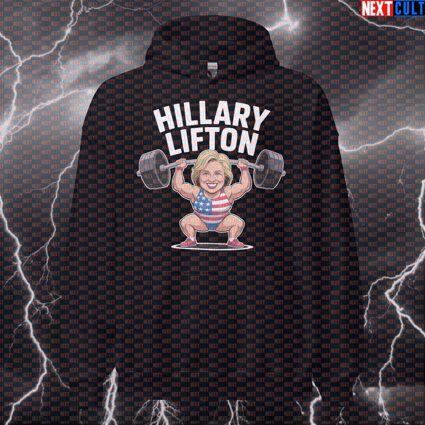 Hillary Lifton Gym Hoodie | Funny Political Meme Workout Hoodie | Fourth of July Pump Cover Pullover 4th of July Bodybuilding Fitness Gym Powerlifting Pump Cover Workout Next Cult Brand
