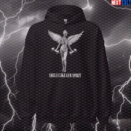 Gym Angel Funny Workout Hoodie | Smells Like Gym Spirit Parody Hooded Sweatshirt Bodybuilding Fitness Gym Nirvana Pump Cover Rock Music Workout Next Cult Brand