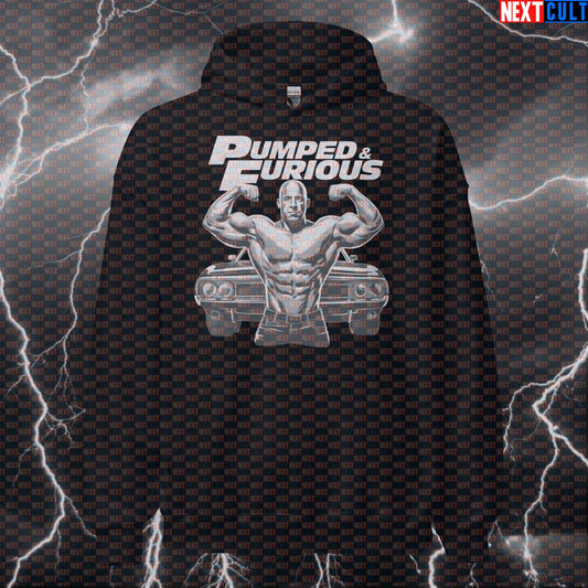 Pumped & Furious Funny Gym Hoodie - Vin Diesel Workout Hooded Sweatshirt Pullover Pump Cover Bodybuilding Films Fitness Gym Pump Cover Workout Next Cult Brand