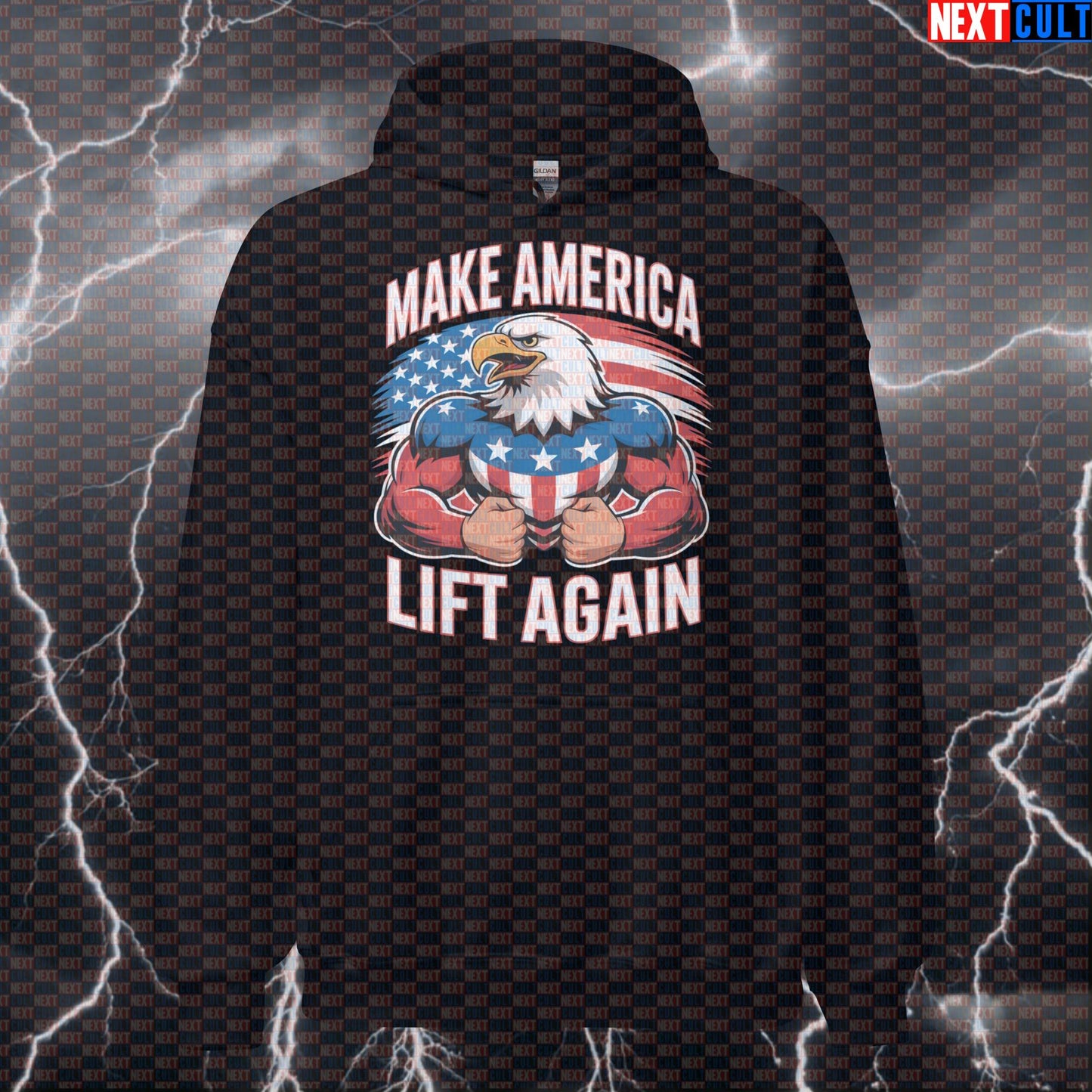 Patriotic Make America Lift Again Hoodie | Funny Eagle Gym Hoodie | USA Workout Pullover & Pump Cover 4th of July Bodybuilding Fitness Gym Powerlifting Pump Cover Workout Next Cult Brand