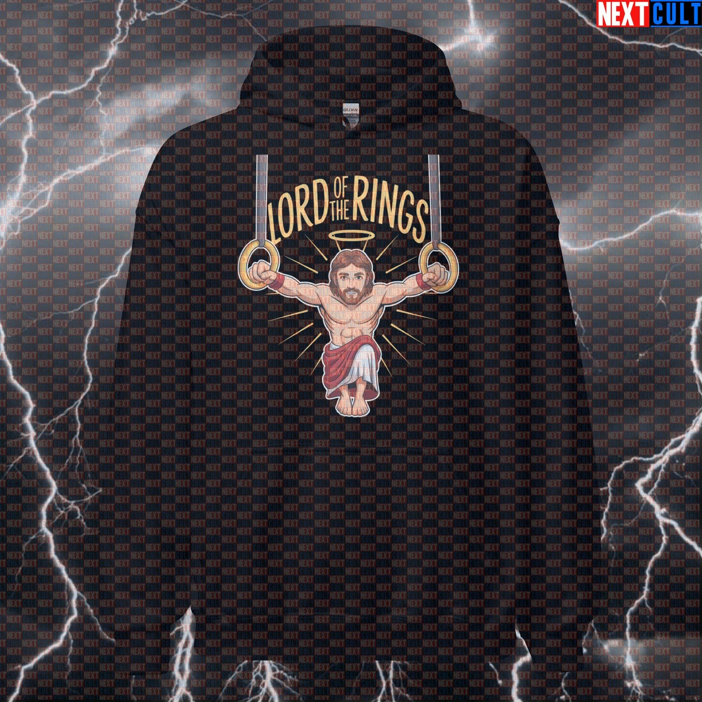 Lord of the Calisthenics Rings Gym Hoodie | Funny Jesus Lifter Workout Hoodie | Bodyweight Gains Pullover Calisthenics Easter Fitness Gym Jesus Pump Cover Workout Next Cult Brand