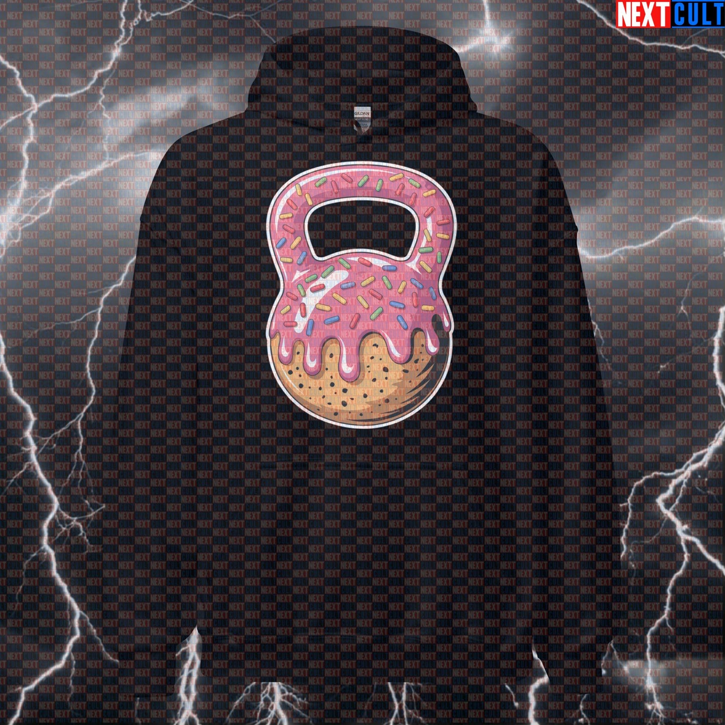 Donut Kettlebell Funny Gym Hoodie - Bakery Gains Meme Hooded Sweatshirt Pullover Bulking Donuts Fast Food Fitness Gym Kettlebell Pump Cover Workout Next Cult Brand