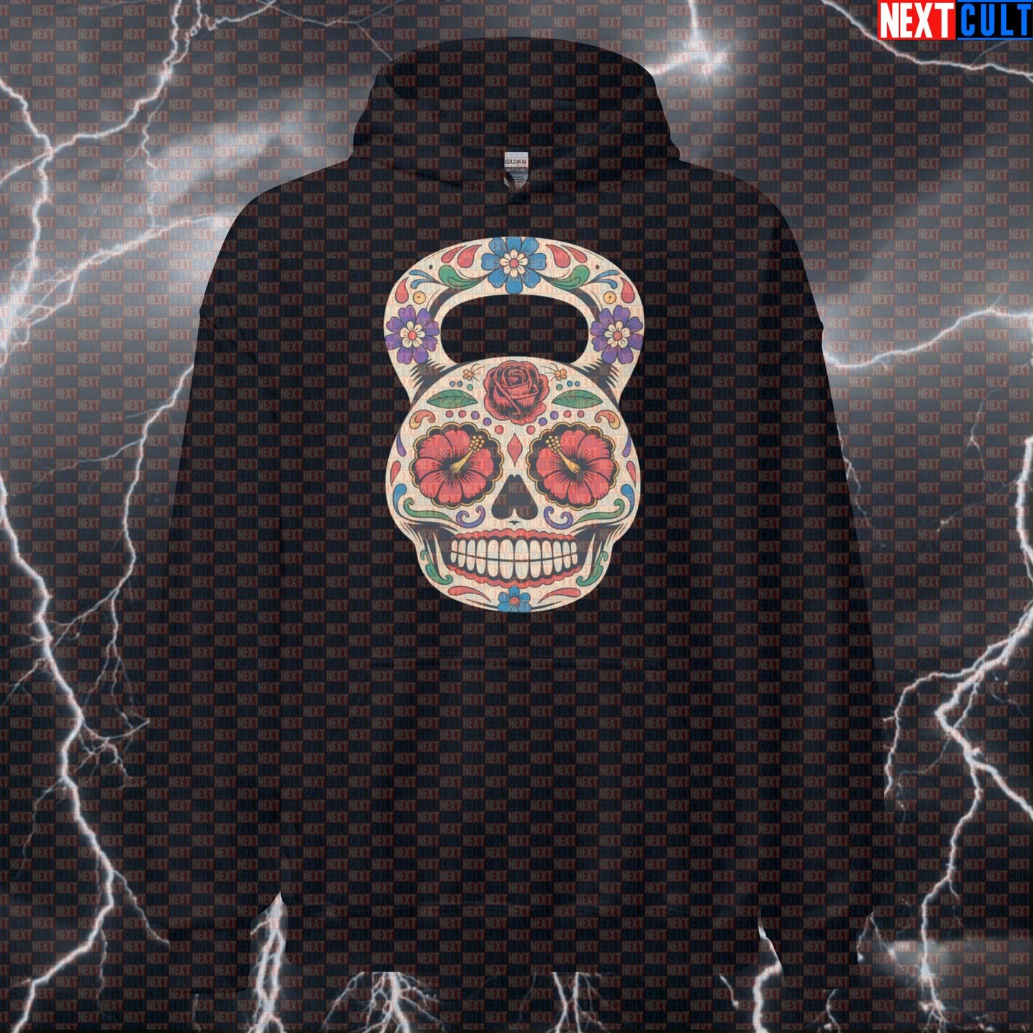 Dia De Los Muertos Kettlebell Funny Gym Hoodie - Day of the Dead Workout Hooded Sweatshirt Dia De Los Muertos Fitness Gym Kettlebell Pump Cover Workout Next Cult Brand