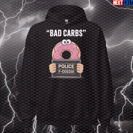 Donut Mugshot Funny Gym Hoodie - Bad Carb Meme Hooded Sweatshirt Pullover Pump Cover Bulking Donuts Fast Food Fitness Gym Pump Cover Workout Next Cult Brand