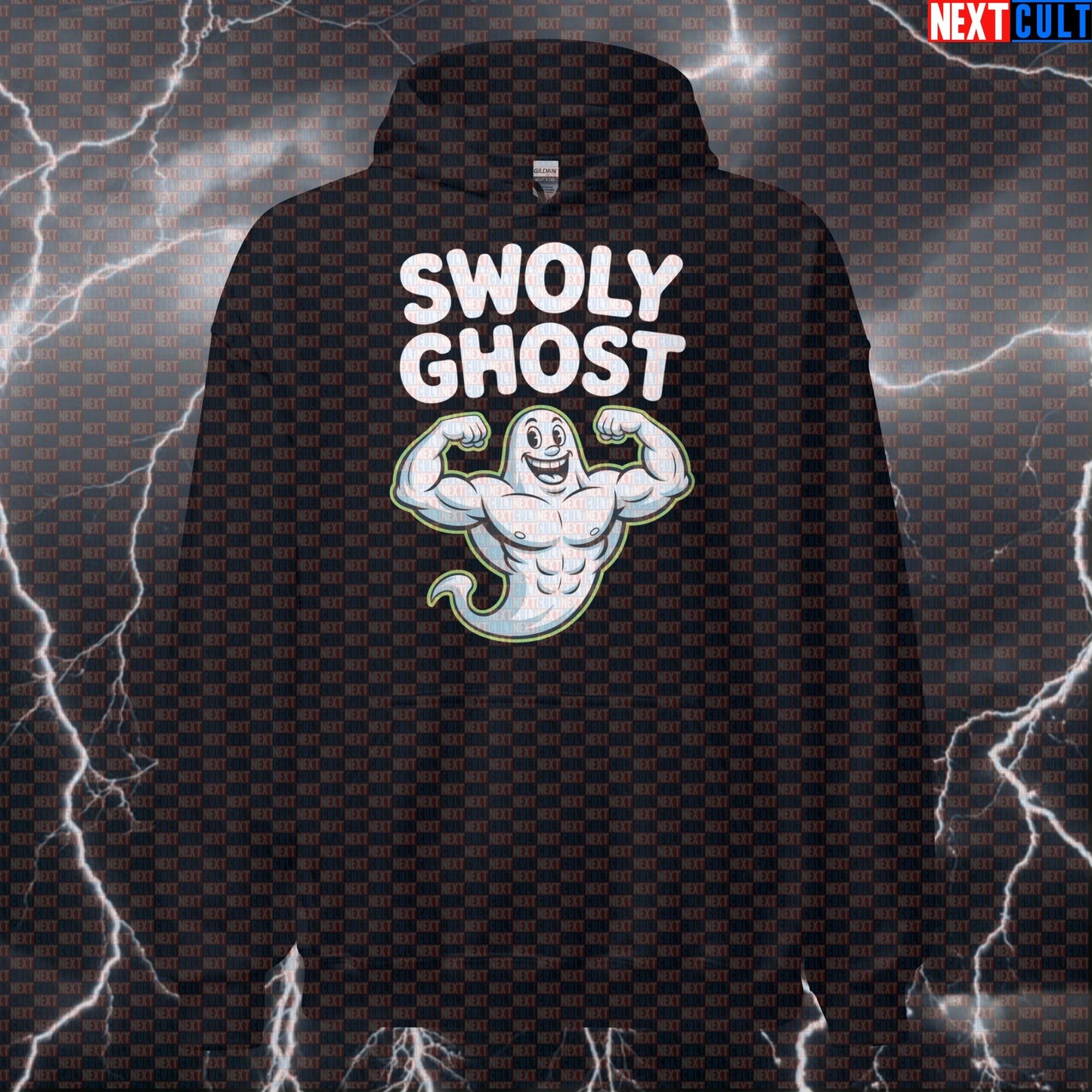 Swoly Ghost Funny Gym Hoodie - Halloween Swole Meme Hooded Sweatshirt Pullover Pump Cover Bodybuilding Fitness Gym Halloween Pump Cover Workout Next Cult Brand