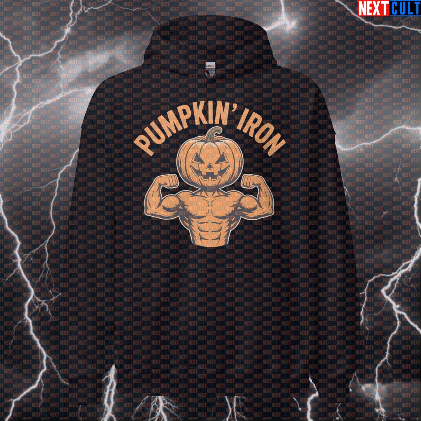 Pumpkin Iron Funny Gym Hoodie - Halloween Workout Hooded Sweatshirt Pumpkin Iron Meme Pullover Bodybuilding Fitness Gym Halloween Pump Cover Workout Next Cult Brand