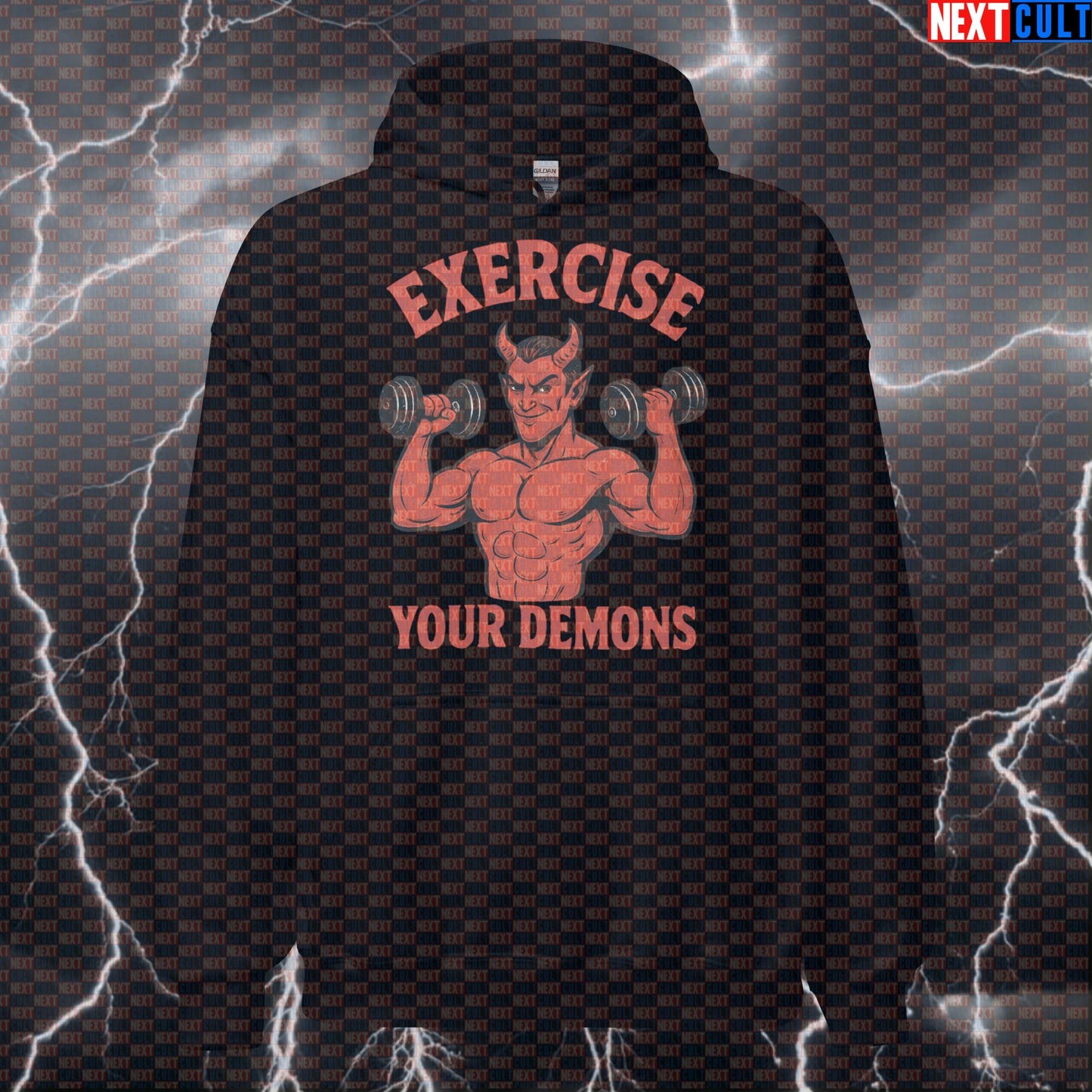 Exercise Your Demons Funny Gym Hoodie | Workout From Hell Hooded Sweatshirt for Lifters Fitness Gym Halloween Pump Cover Workout Next Cult Brand
