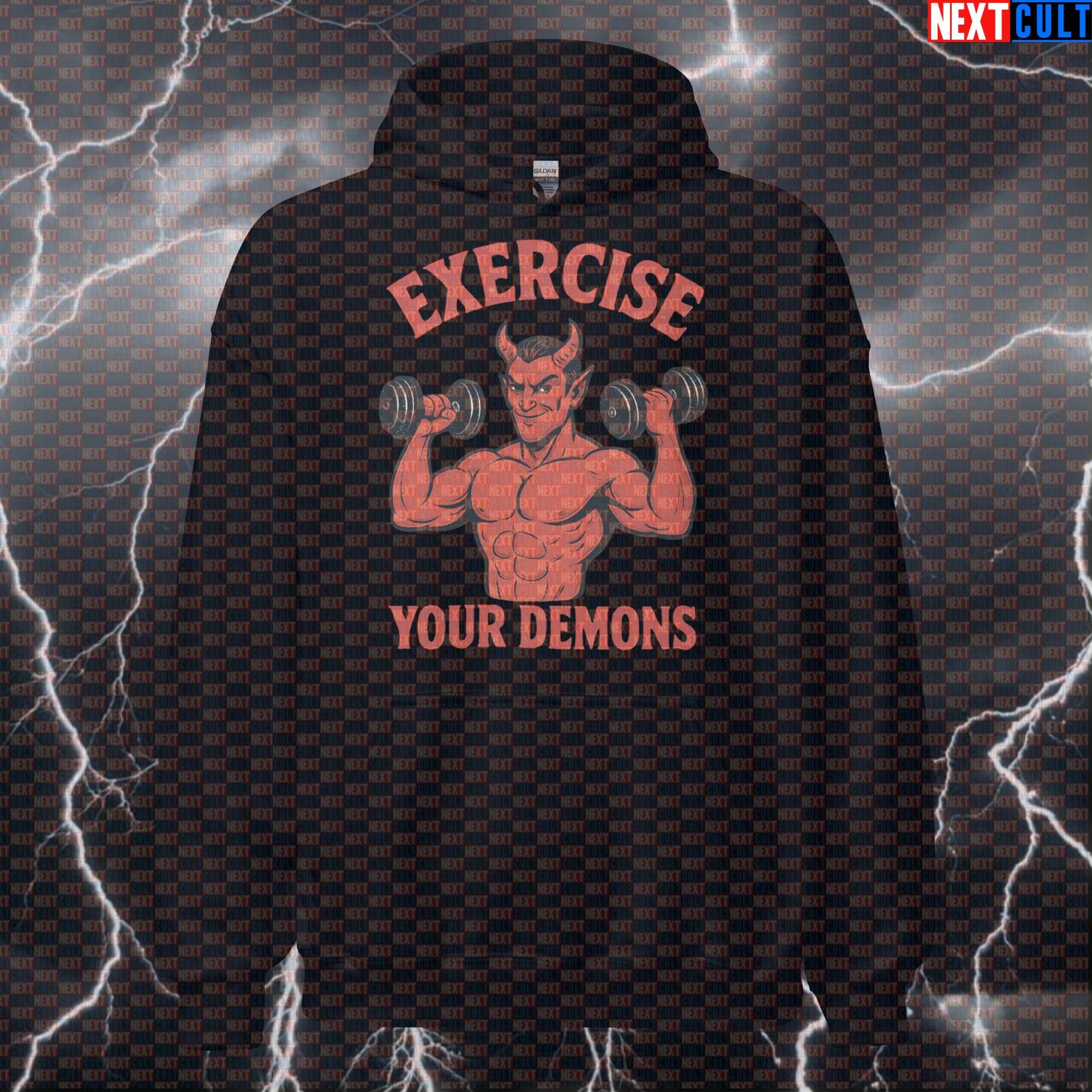 Exercise Your Demons Funny Gym Hoodie | Workout From Hell Hooded Sweatshirt for Lifters Fitness Gym Halloween Pump Cover Workout Next Cult Brand