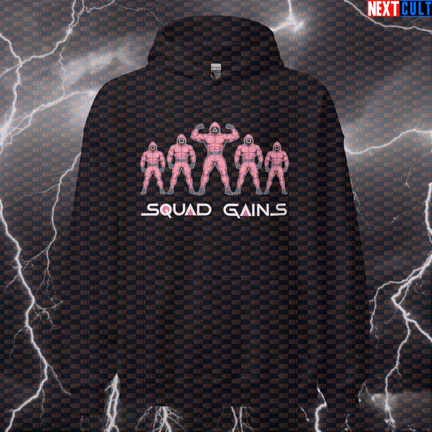 Squad Gains Funny Gym Hoodie - Squid Game Gym Meme Hooded Sweatshirt Pullover Pump Cover Bodybuilding Fitness Gym Pump Cover Squid Game TV Workout Next Cult Brand