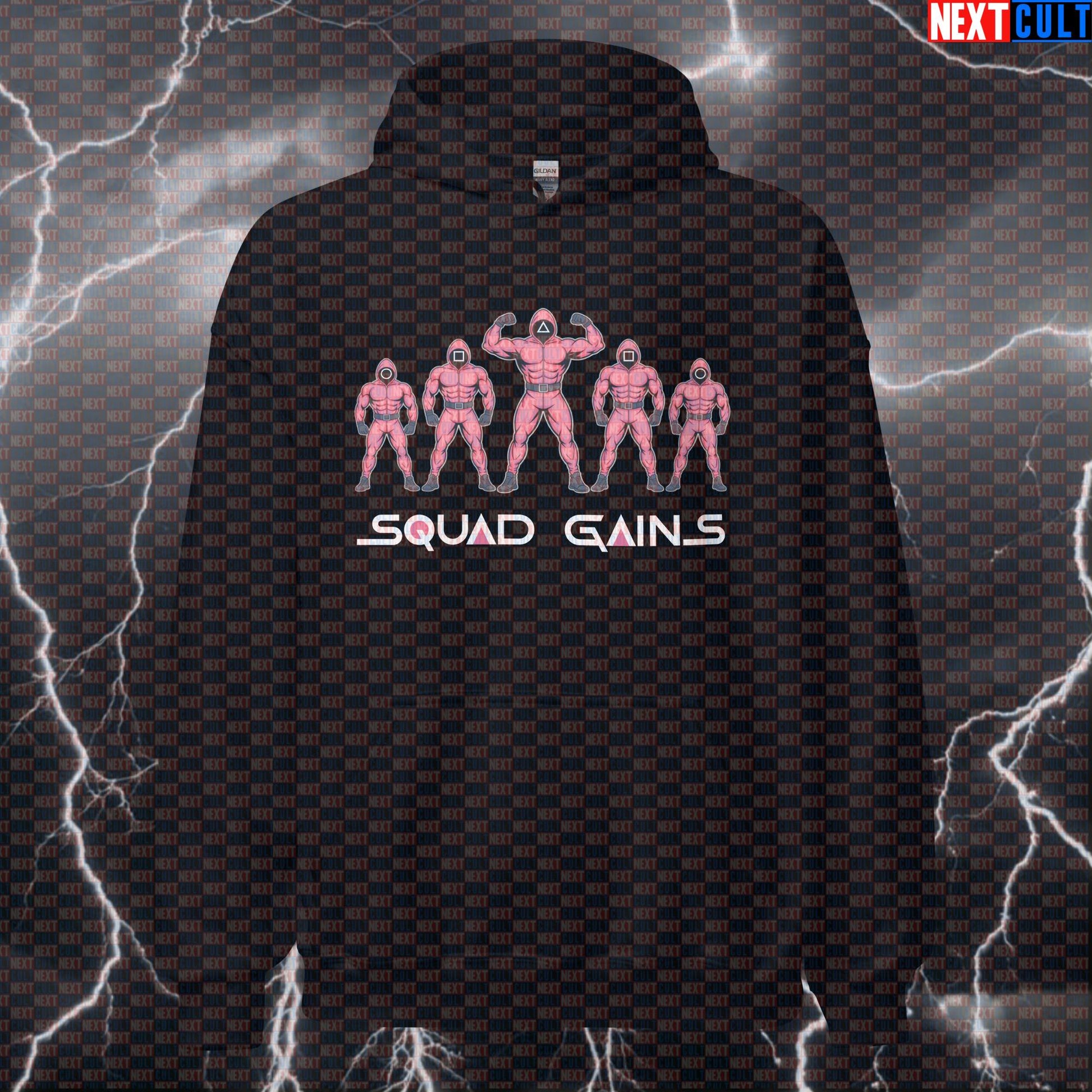 Squad Gains Funny Gym Hoodie - Squid Game Gym Meme Hooded Sweatshirt Pullover Pump Cover Bodybuilding Fitness Gym Pump Cover Squid Game TV Workout Next Cult Brand
