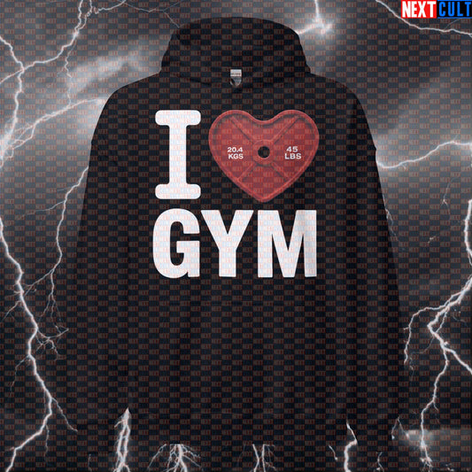 I Love Gym Valentine Hoodie | Funny Heart Weight Plate Gym Lovers Hooded Pullover Bodybuilding Fitness Gym Powerlifting Pump Cover Valentine's Day Workout Next Cult Brand
