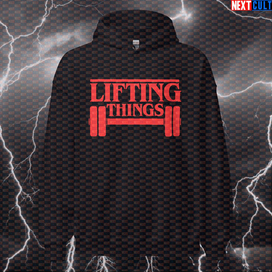 Stranger Gains Funny Gym Hoodie - Lifting Things Getting Gains Hooded Sweatshirt Pullover Bodybuilding Fitness Gym Halloween Powerlifting Pump Cover Stranger Things TV Workout Next Cult Brand