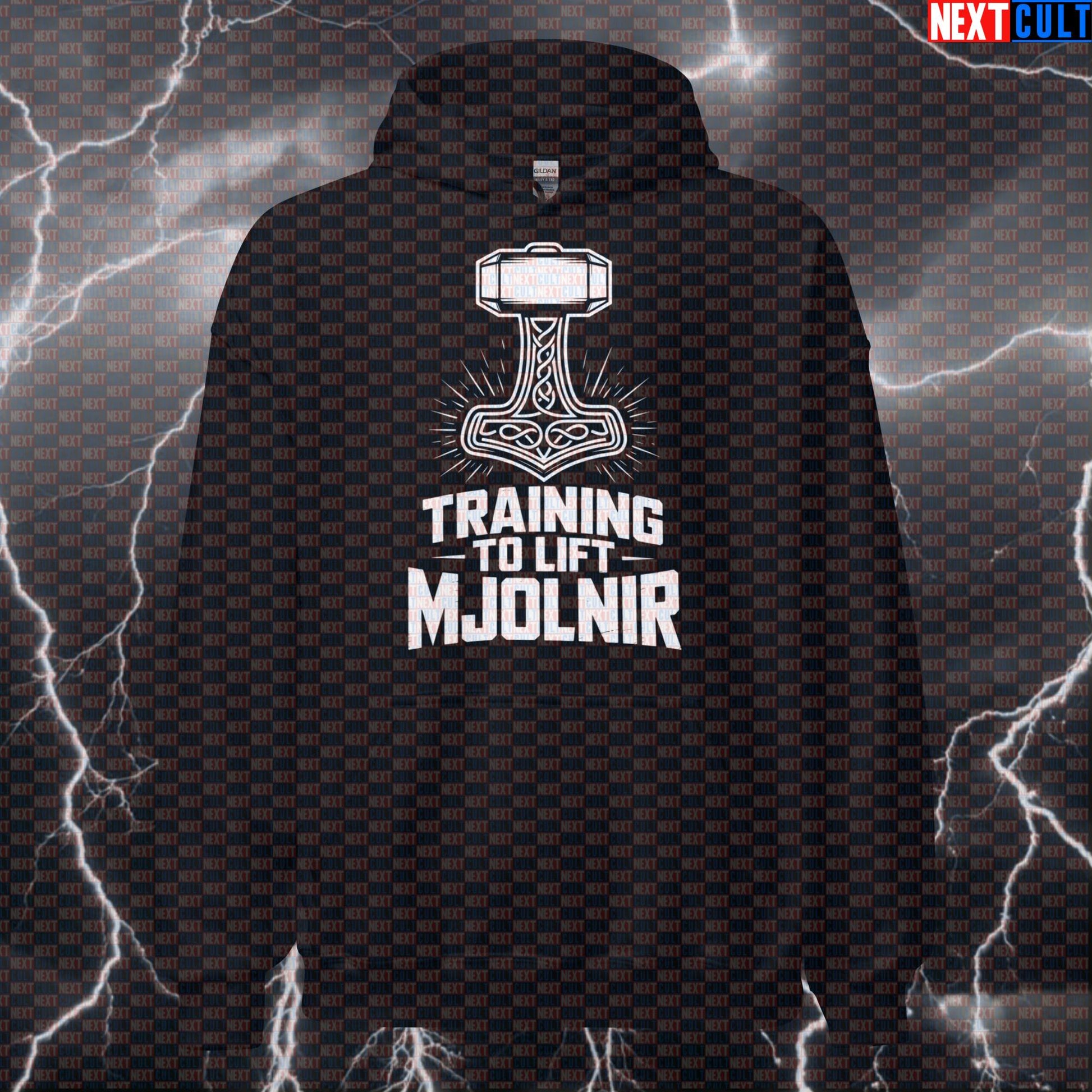 Training To Lift Mjolnir Funny Gym Hoodie - Viking Powerlifting Meme Hooded Sweatshirt Pullover Fitness Gym Pump Cover Vikings Workout Next Cult Brand