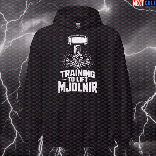 Training To Lift Mjolnir Funny Gym Hoodie - Viking Powerlifting Meme Hooded Sweatshirt Pullover Fitness Gym Pump Cover Vikings Workout Next Cult Brand