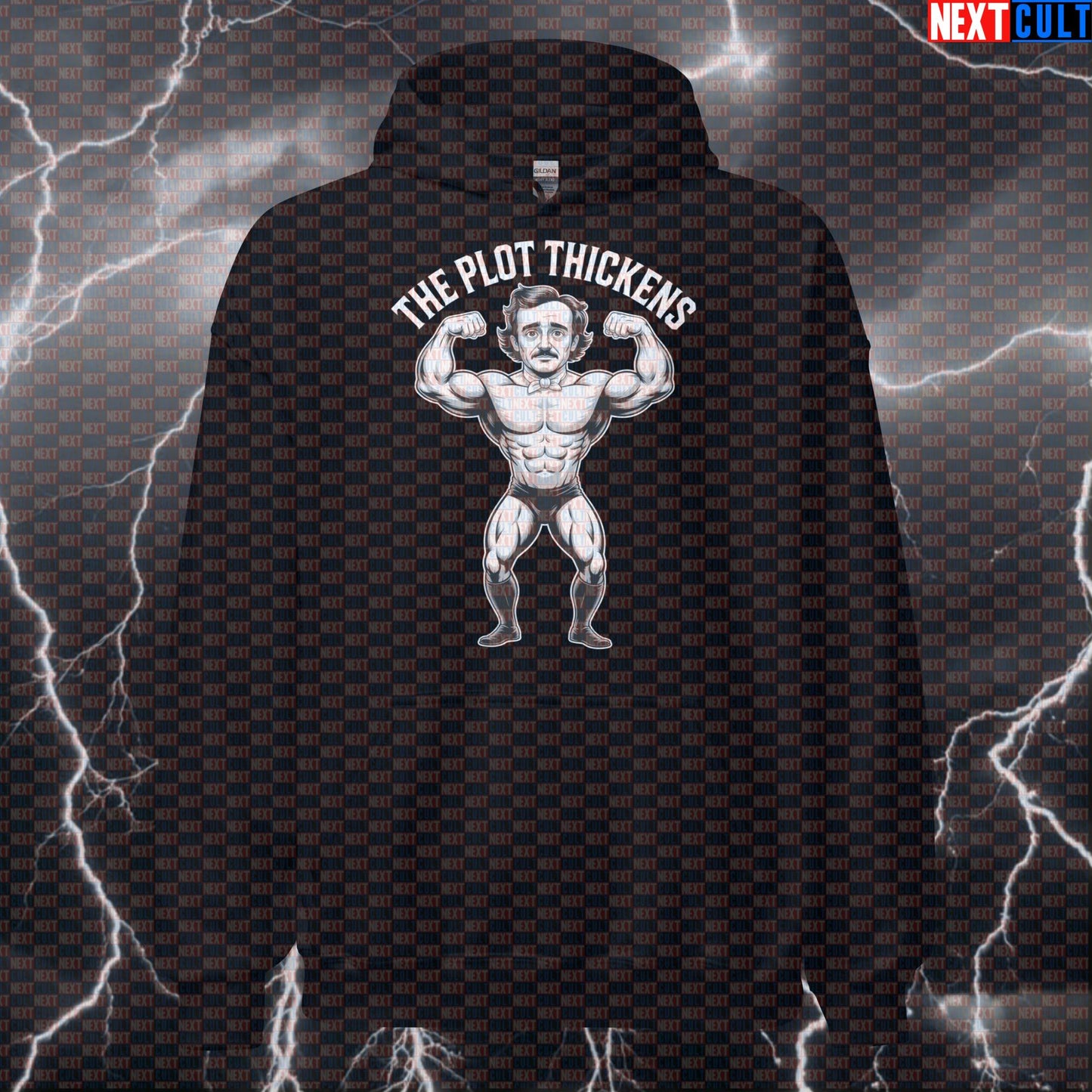 Funny Edgar Allan Poe Gym Hoodie - The Plot Thickens Thicc Literary Meme Hooded Sweatshirt Bodybuilding Books Fitness Gym Pump Cover Workout Next Cult Brand