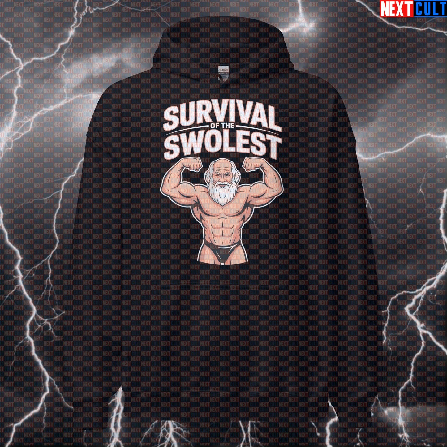Survival of the Swolest Funny Gym Hoodie - Swole Darwin Evolution Hooded Sweatshirt Pullover Bodybuilding Books Fitness Gym Pump Cover Workout Next Cult Brand