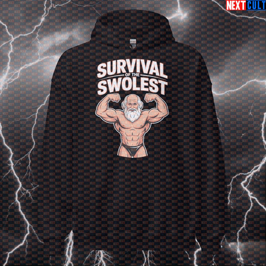 Survival of the Swolest Funny Gym Hoodie - Swole Darwin Evolution Hooded Sweatshirt Pullover Bodybuilding Books Fitness Gym Pump Cover Workout Next Cult Brand