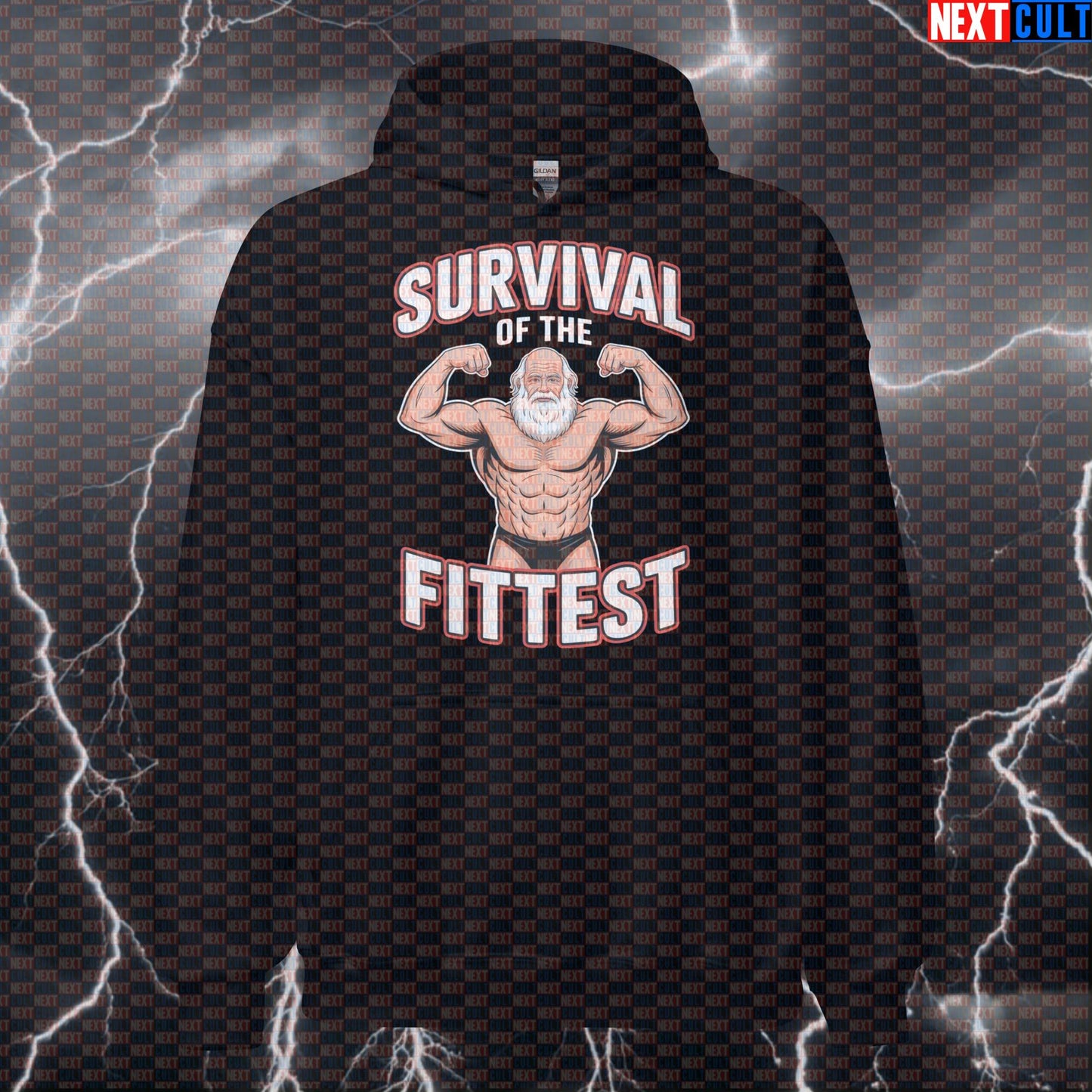 Survival of the Fittest Funny Gym Hoodie - Darwin Gym Meme Hooded Sweatshirt Pullover Pump Cover Bodybuilding Books Fitness Gym Pump Cover Workout Next Cult Brand