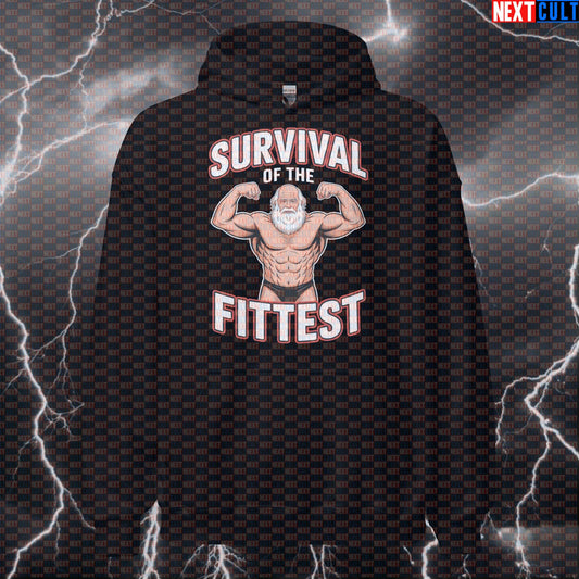 Survival of the Fittest Funny Gym Hoodie - Darwin Gym Meme Hooded Sweatshirt Pullover Pump Cover Bodybuilding Books Fitness Gym Pump Cover Workout Next Cult Brand