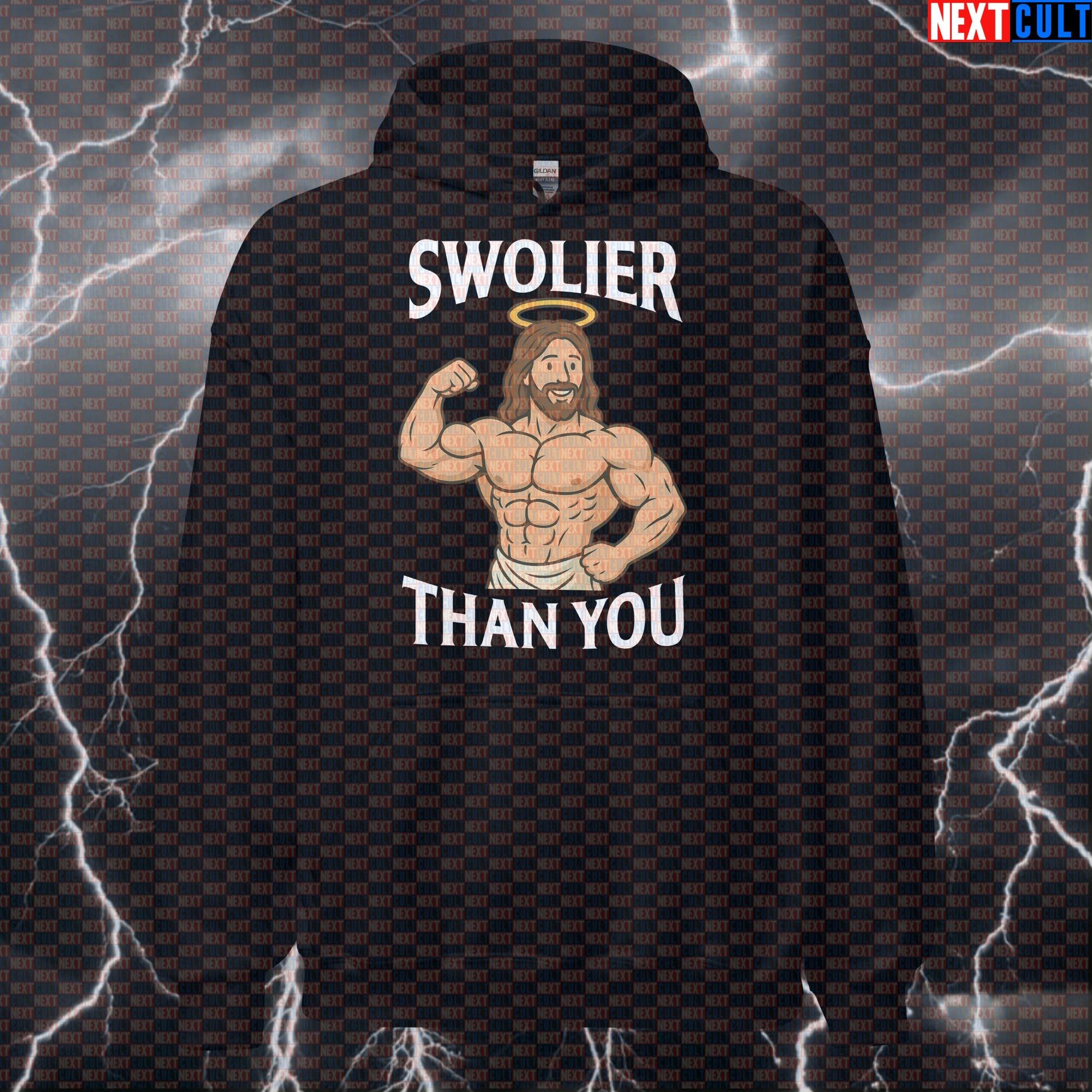 Swolier Than You Funny Gym Hoodie | Holy Gains Swole Jesus Christ Workout Pullover Bodybuilding Easter Fitness Gym Jesus Pump Cover Workout Next Cult Brand