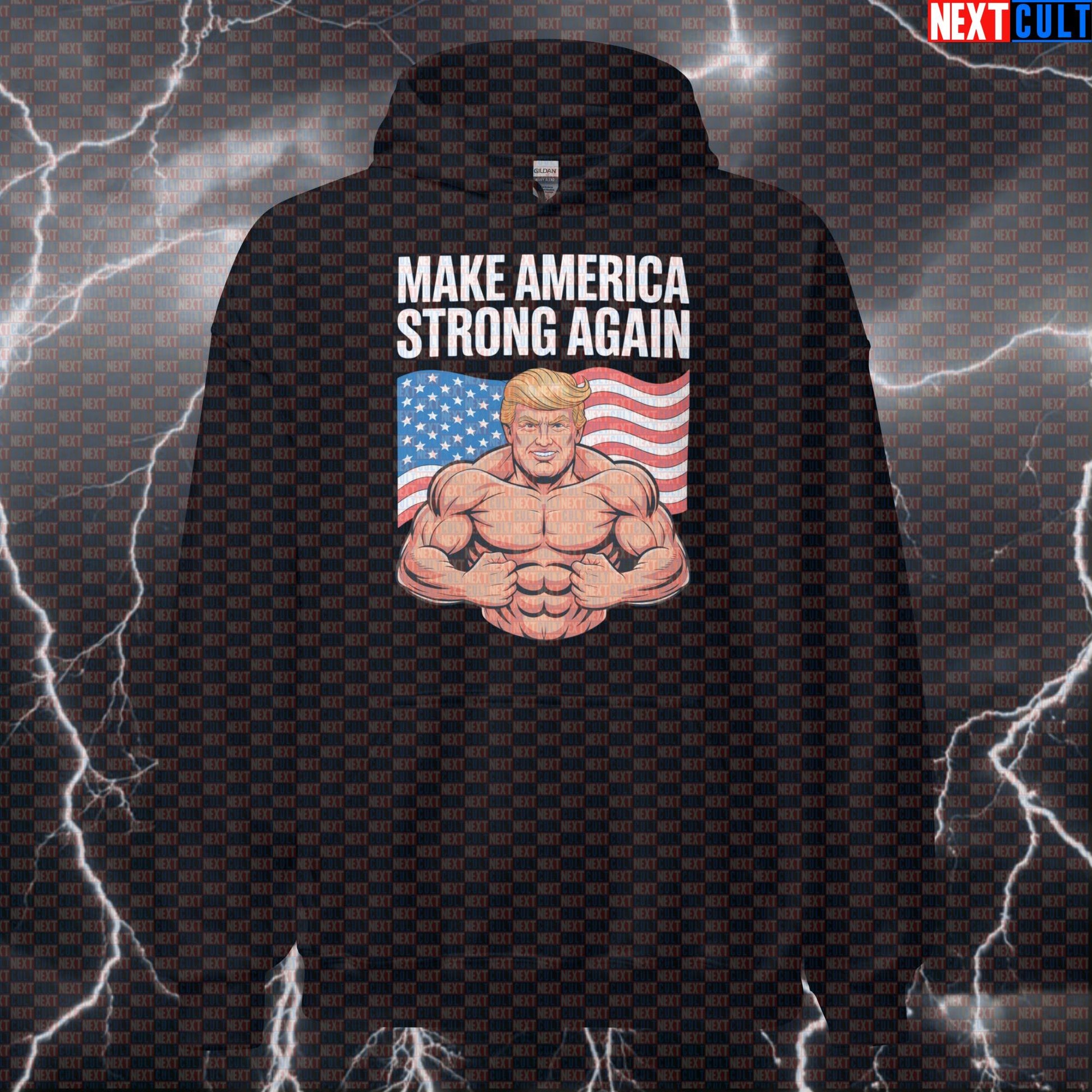 Make America Strong Again Funny Gym Hoodie - Patriotic Trump Hooded Sweatshirt Pullover Pump Cover 4th of July Bodybuilding Donald Trump Fitness Gym Powerlifting Pump Cover Workout Next Cult Brand