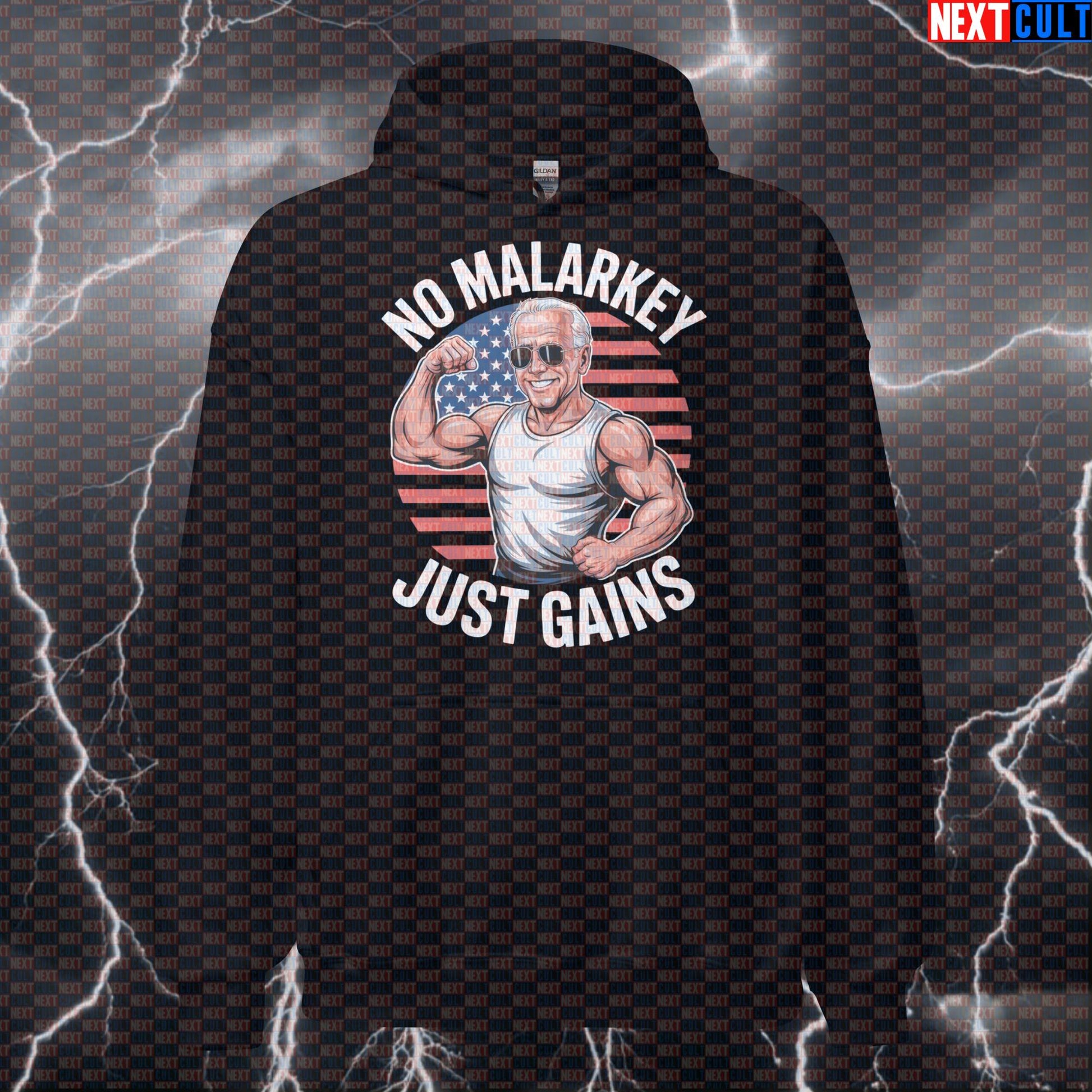 No Malarkey Just Gains Patriotic Gym Hoodie - Funny Joe Biden Meme Hooded Sweatshirt Pullover 4th of July Bodybuilding Fitness Gym Joe Biden Pump Cover Workout Next Cult Brand