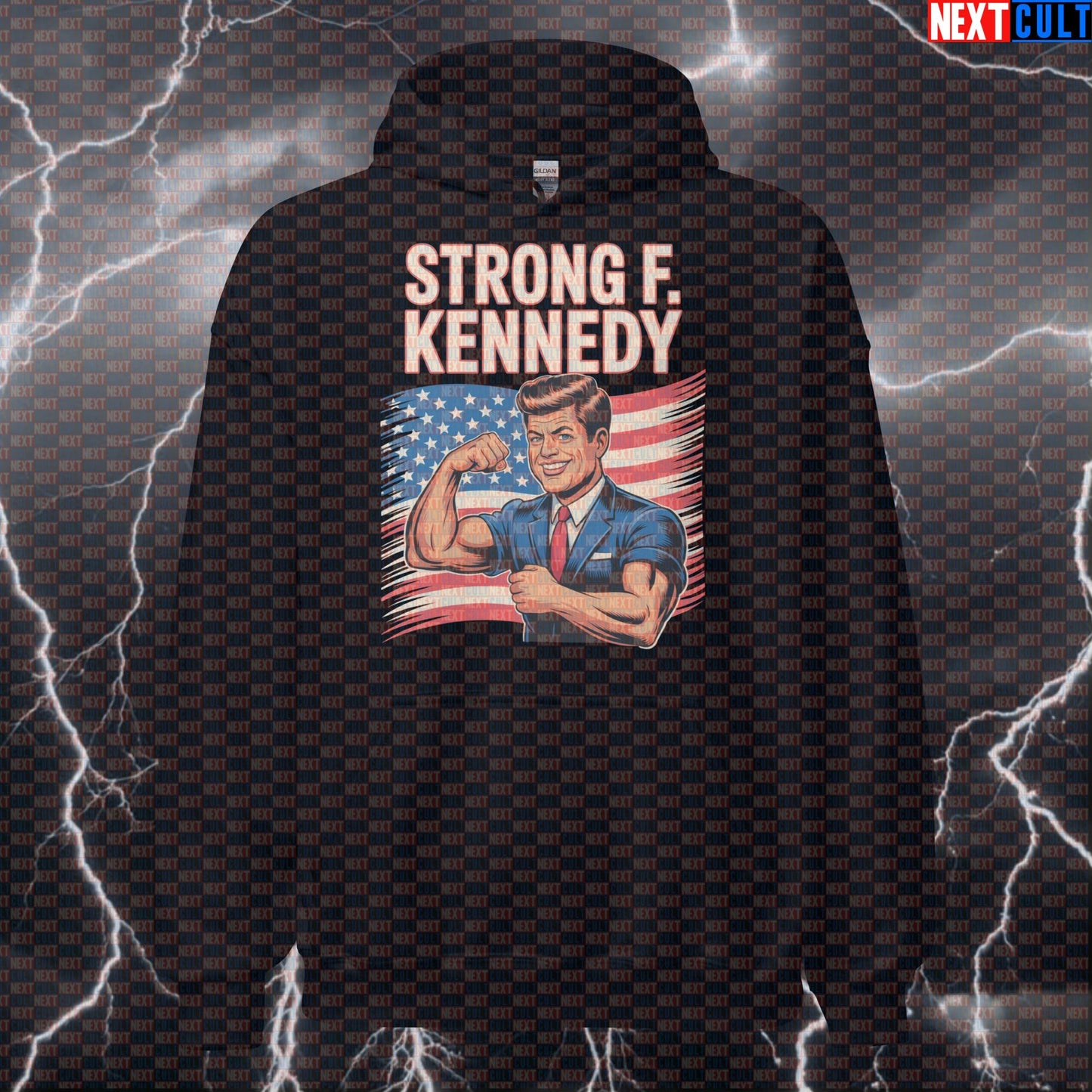 Strong F. Kennedy Patriotic Gym Hoodie - Funny JFK Hooded Sweatshirt Pullover Pump Cover for USA 4th of July Bodybuilding Fitness Gym JFK Powerlifting Pump Cover Workout Next Cult Brand