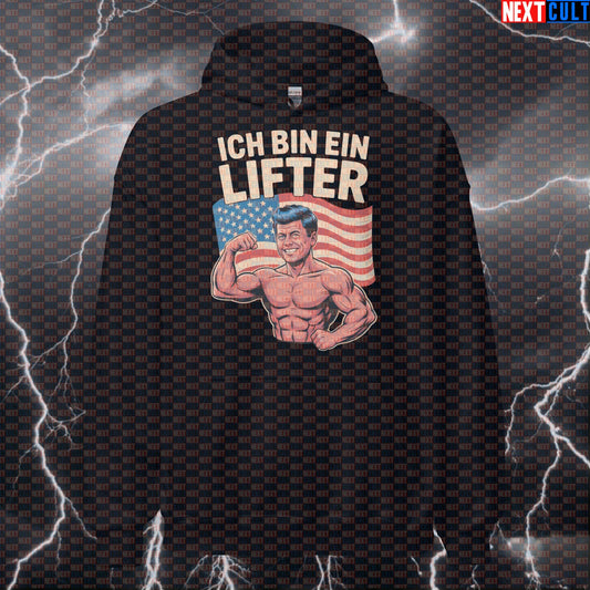 Ich Bin Ein Lifter Funny Gym Hoodie - Patriotic JFK Meme Hooded Sweatshirt Pullover Pump Cover 4th of July Bodybuilding Fitness Gym JFK Powerlifting Pump Cover Workout Next Cult Brand