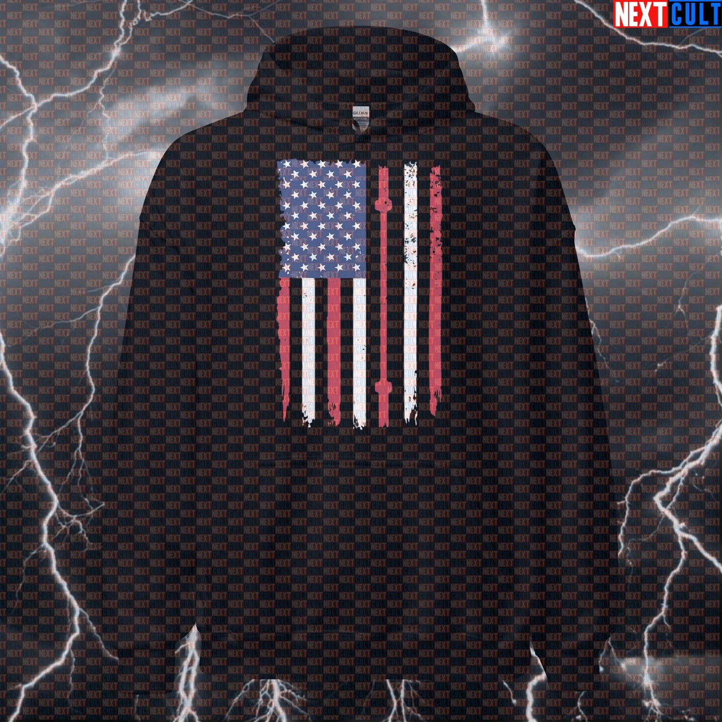 Patriotic Gym Hoodie With Barbell Flag Design | USA Lifters Hooded Sweatshirt | Funny Workout Pullover Hoodies 4th of July Fitness Gym Powerlifting Pump Cover Workout Next Cult Brand