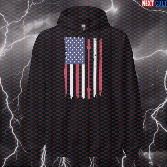 Patriotic Gym Hoodie With Barbell Flag Design | USA Lifters Hooded Sweatshirt | Funny Workout Pullover Hoodies 4th of July Fitness Gym Powerlifting Pump Cover Workout Next Cult Brand
