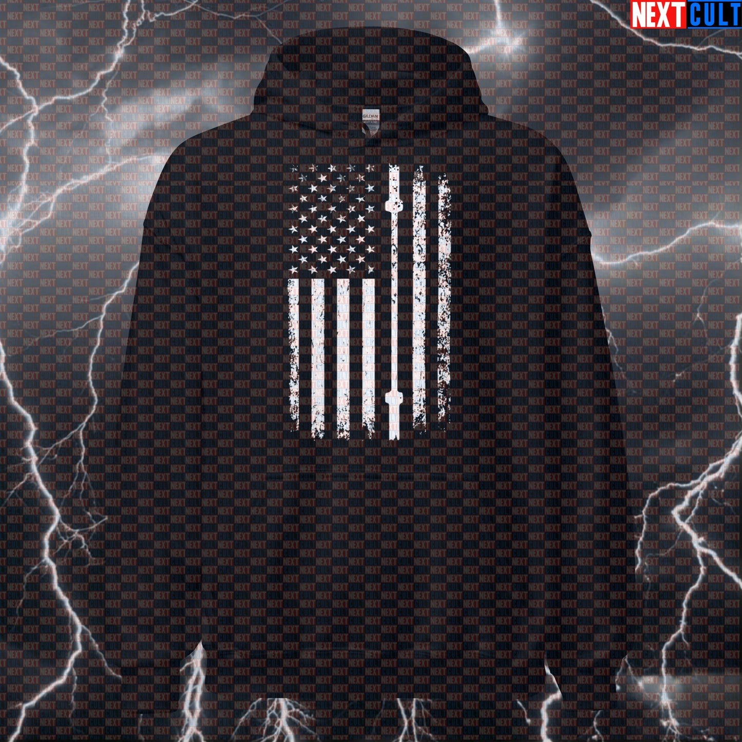 Distressed Barbell Flag Patriotic Gym Hoodie | Funny USA Workout Hoodie For Lifters Hoodies 4th of July Fitness Gym Powerlifting Pump Cover Workout Next Cult Brand