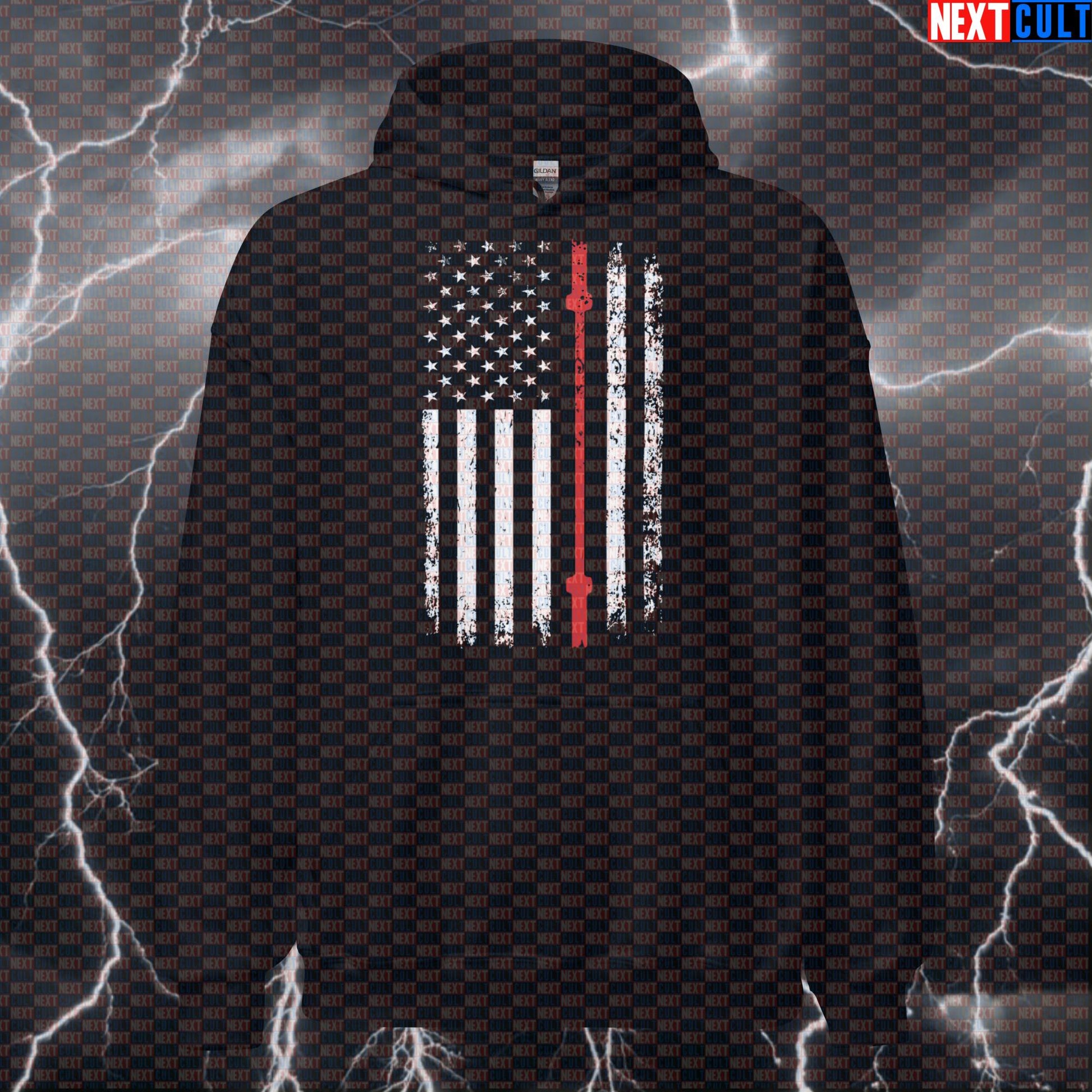 Red Thin Line Barbell Flag Hoodie | Patriotic Gym Hoodie for Firefighter Respect Hoodies 4th of July Fitness Gym Powerlifting Pump Cover Workout Next Cult Brand