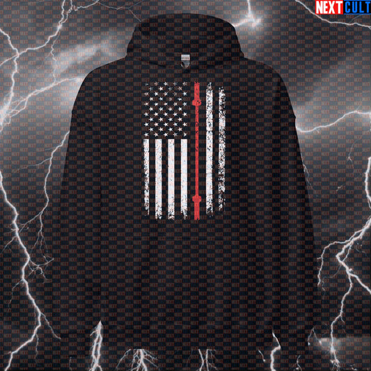 Red Thin Line Barbell Flag Hoodie | Patriotic Gym Hoodie for Firefighter Respect Hoodies 4th of July Fitness Gym Powerlifting Pump Cover Workout Next Cult Brand