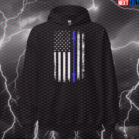 Thin Blue Line Gym Flag Hoodie | Patriotic Police & Lifting Honor Funny Workout Hooded Sweatshirt Hoodies 4th of July Fitness Gym Powerlifting Pump Cover Workout Next Cult Brand