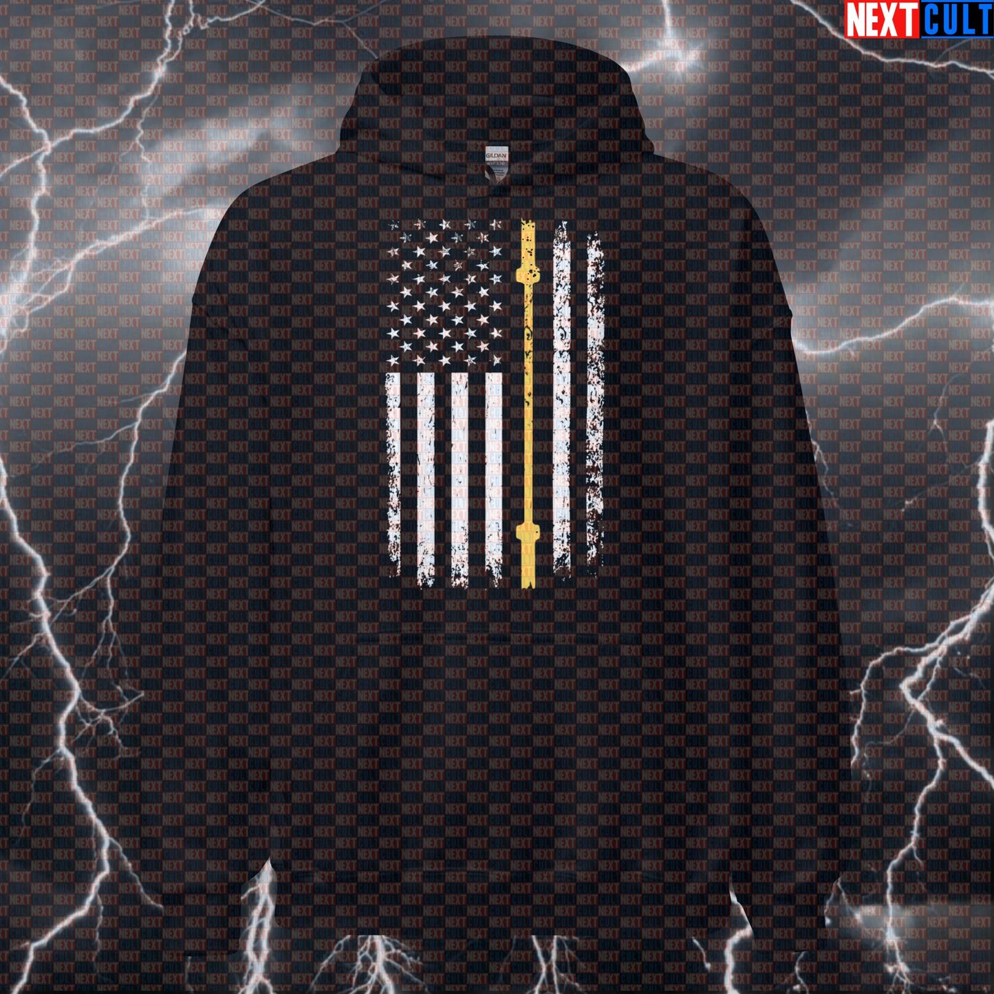 Thin Line Lifter Hoodie | Gold Barbell & Distressed American Flag Gym Hoodie for Gains Hoodies 4th of July Fitness Gym Powerlifting Pump Cover Workout Next Cult Brand