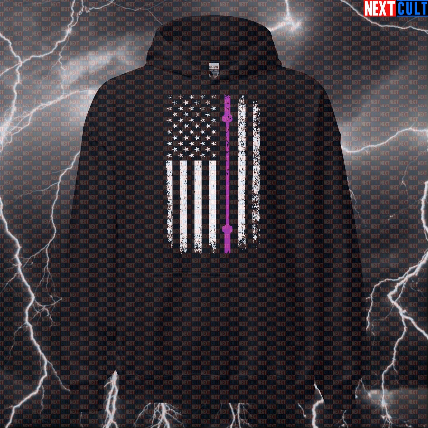 Distressed Thin Purple Line Barbell Flag Hoodie | Gym Hoodie for Security Officer Support Hoodies 4th of July Fitness Gym Powerlifting Pump Cover Workout Next Cult Brand