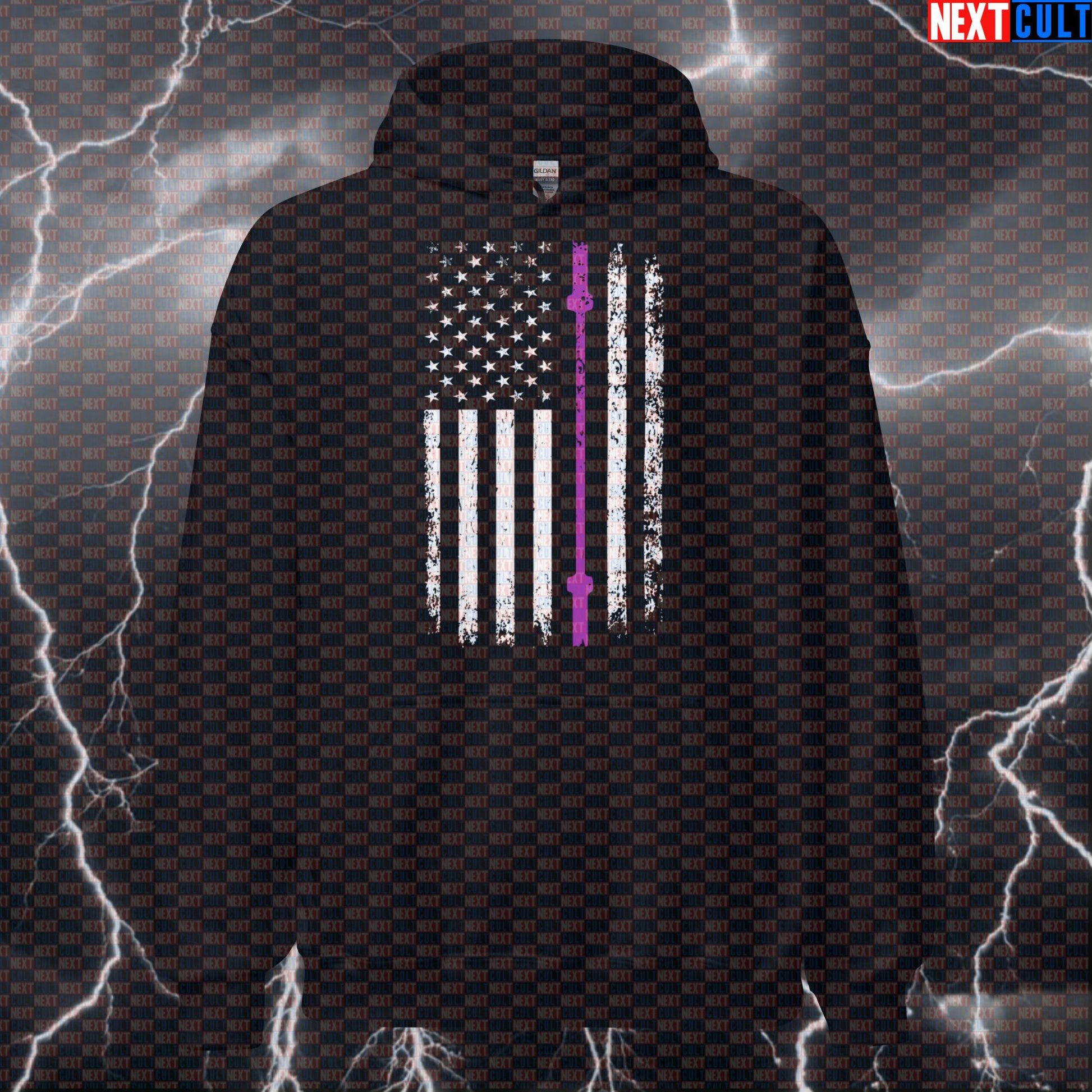 Distressed Thin Purple Line Barbell Flag Hoodie | Gym Hoodie for Security Officer Support Hoodies 4th of July Fitness Gym Powerlifting Pump Cover Workout Next Cult Brand