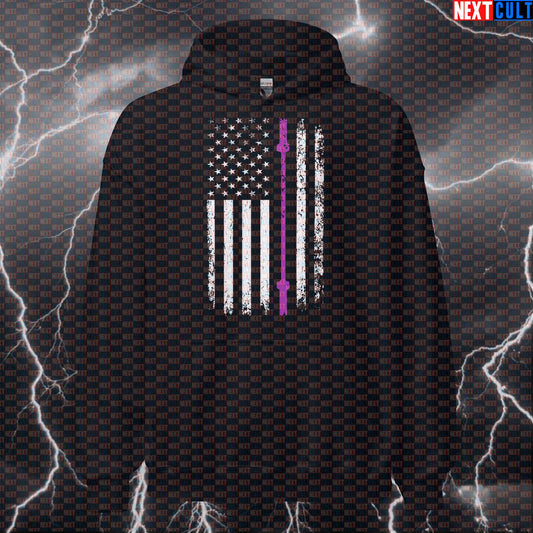Distressed Thin Purple Line Barbell Flag Hoodie | Gym Hoodie for Security Officer Support Hoodies 4th of July Fitness Gym Powerlifting Pump Cover Workout Next Cult Brand