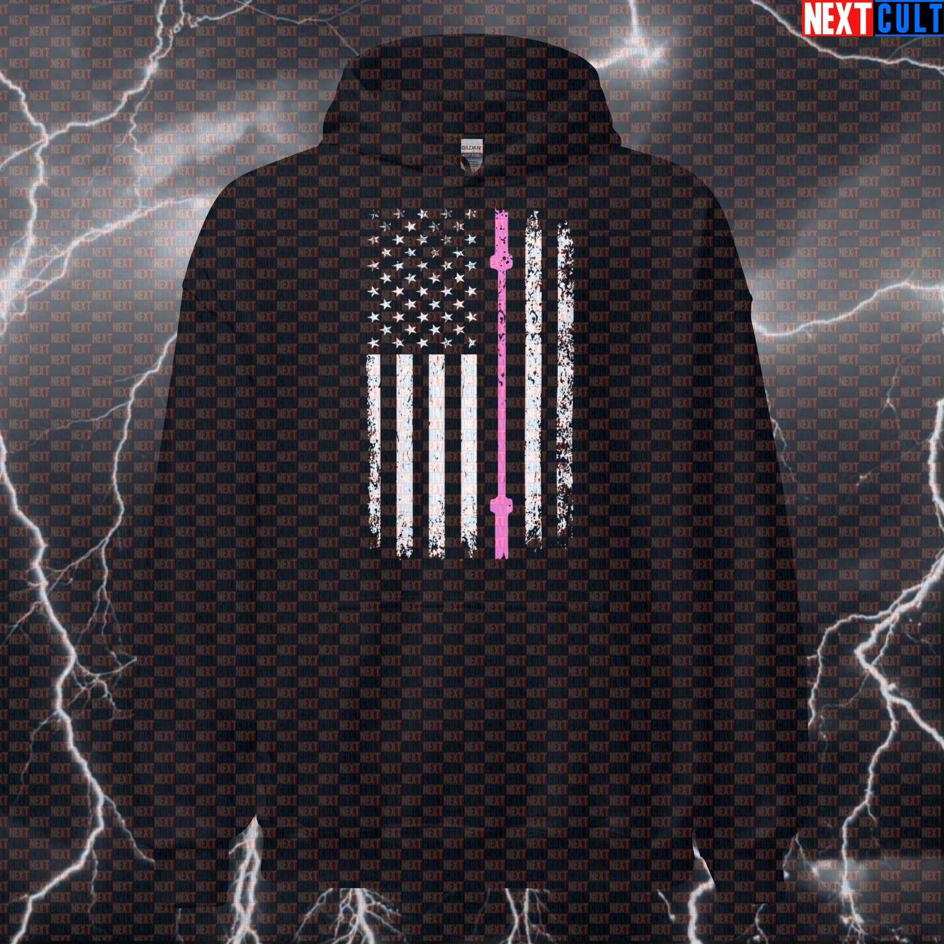 Thin Pink Line Barbell Flag Hoodie | Funny Gym Hoodie for Breast Cancer Awareness & Survivors Hoodies 4th of July Fitness Gym Powerlifting Pump Cover Workout Next Cult Brand