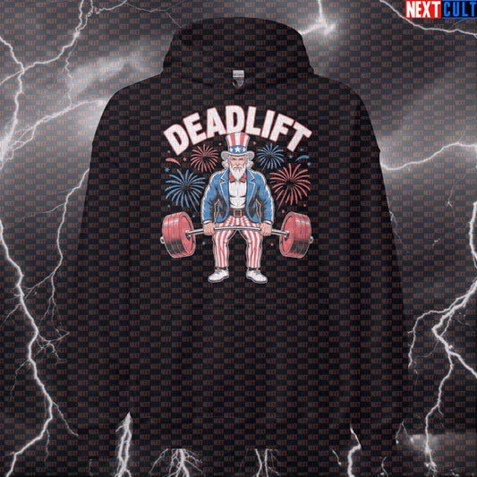 Uncle Sam Deadlift Patriotic Funny Gym Hoodie - 4th of July Hooded Sweatshirt Pullover Pump Cover 4th of July Bodybuilding Fitness Gym Leg Day Powerlifting Pump Cover Uncle Sam Workout Next Cult Brand
